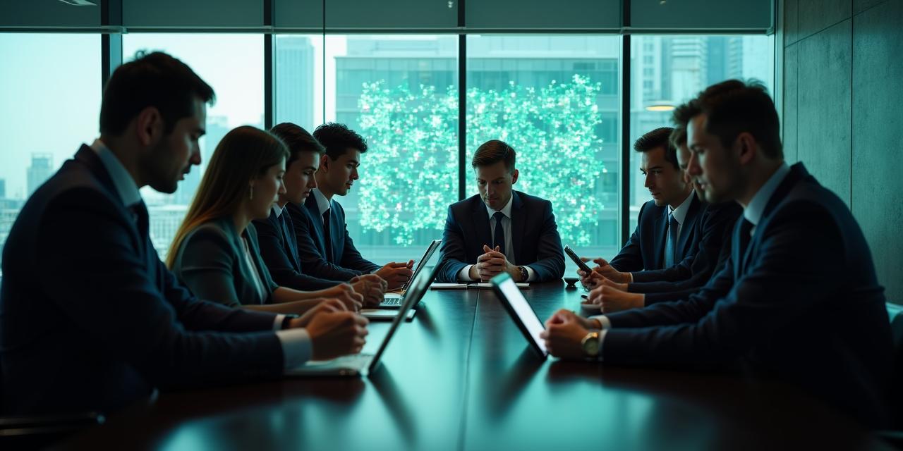 都会のオフィスでAIポリシーについて議論するプロフェッショナルなチーム